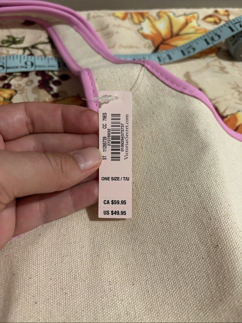 Victory Secret Cream Canvas Pouch with Pink Trim